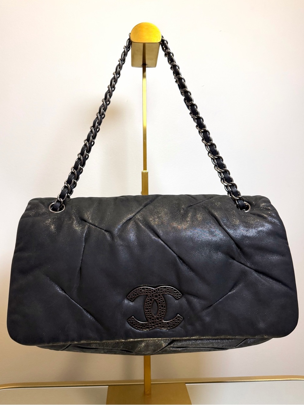 CHANEL Glint Flap Bag Dark Gray Iridescent Calfskin East West w/ COA